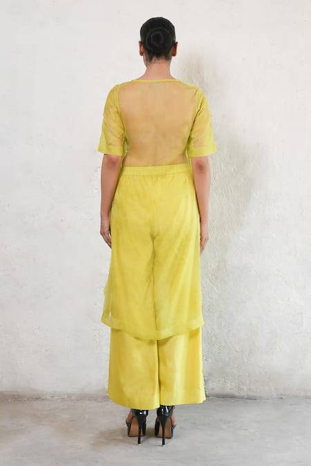 Shop Saksham & Neharicka Lime Organza, Cotton, V-neck Yellow Kurta Set at Aza Fashions Shop_Saksham & Neharicka_Lime Organza, Cotton, V-neck Yellow Kurta Set _at_Aza_Fashions
