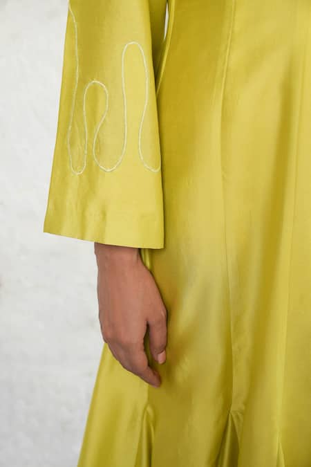 Saksham & Neharicka_Lime Cotton, Silk Embroidery V-neck Applique Banarasi Dress _Online_at_Aza_Fashions