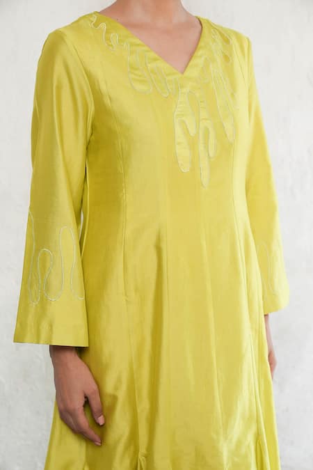 Buy_Saksham & Neharicka_Lime Cotton, Silk Embroidery V-neck Applique Banarasi Dress _Online_at_Aza_Fashions