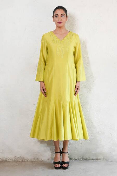 Shop_Saksham & Neharicka_Lime Cotton, Silk Embroidery V-neck Applique Banarasi Dress _Online_at_Aza_Fashions