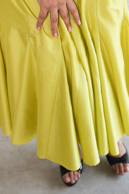 Saksham & Neharicka_Lime Cotton, Silk Embroidery V-neck Applique Banarasi Dress _at_Aza_Fashions