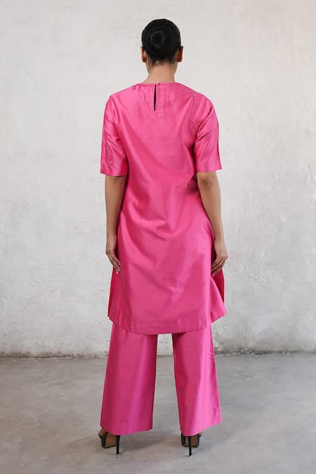 Shop Saksham & Neharicka Pink Cotton, Silk Embroidery Round Neck Hand Kurta Set at Aza Fashions Shop_Saksham & Neharicka_Pink Cotton, Silk Embroidery Round Neck Hand Kurta Set _at_Aza_Fashions