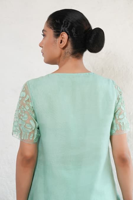 Saksham & Neharicka Mint Organza, Cotton, Embroidery Round Neck Green Hand Kurta Set Online at Aza Fashions Saksham & Neharicka_Mint Organza, Cotton, Embroidery Round Neck Green Hand Kurta Set _Online_at_Aza_Fashions