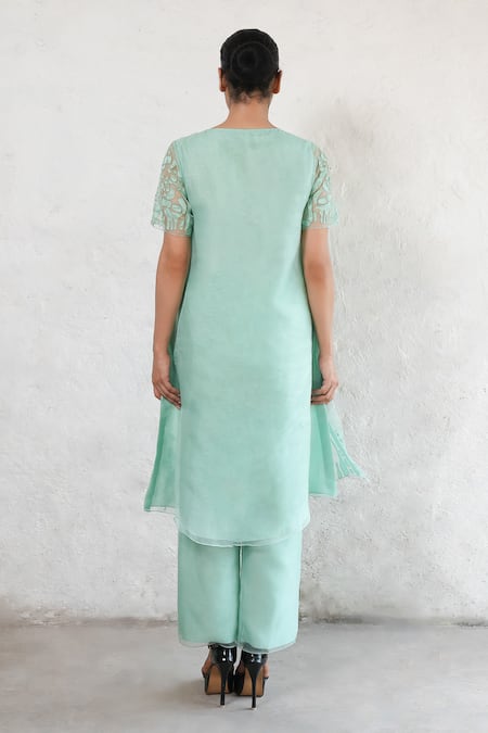 Shop Saksham & Neharicka Mint Organza, Cotton, Embroidery Round Neck Green Hand Kurta Set at Aza Fashions Shop_Saksham & Neharicka_Mint Organza, Cotton, Embroidery Round Neck Green Hand Kurta Set _at_Aza_Fashions