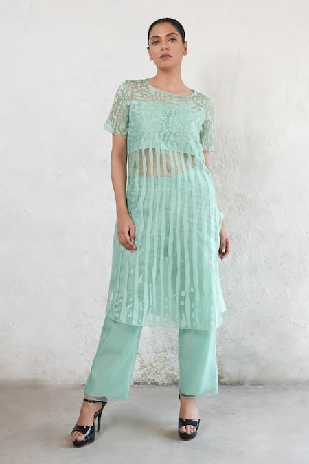Saksham & Neharicka Mint Green Hand Embroidered Kurta Set 
