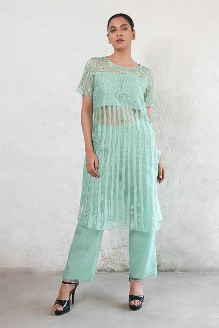 Shop Saksham & Neharicka Mint Organza, Cotton, Embroidery Round Neck Green Hand Kurta Set Online at Aza Fashions Shop_Saksham & Neharicka_Mint Organza, Cotton, Embroidery Round Neck Green Hand Kurta Set _Online_at_Aza_Fashions