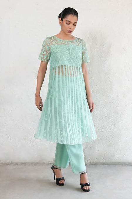 Saksham & Neharicka Mint Organza, Cotton, Embroidery Round Neck Green Hand Kurta Set at Aza Fashions Saksham & Neharicka_Mint Organza, Cotton, Embroidery Round Neck Green Hand Kurta Set _at_Aza_Fashions