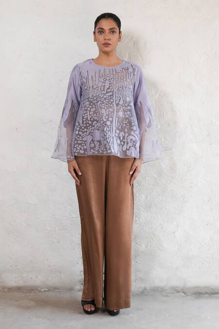 Buy_Saksham & Neharicka_Purple Silk Organza Embroidery Round Neck Hand Top _Online_at_Aza_Fashions