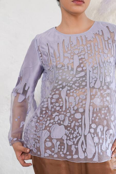 Shop_Saksham & Neharicka_Purple Silk Organza Embroidery Round Neck Hand Top _Online_at_Aza_Fashions