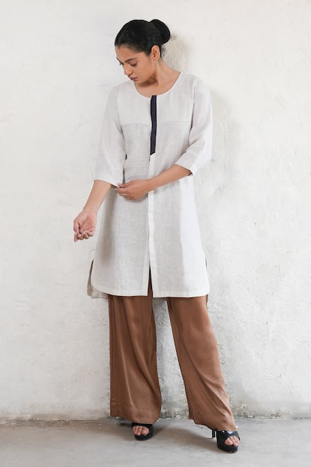 Buy_Saksham & Neharicka_White Linen Round Neck Designer Kurta _Online_at_Aza_Fashions