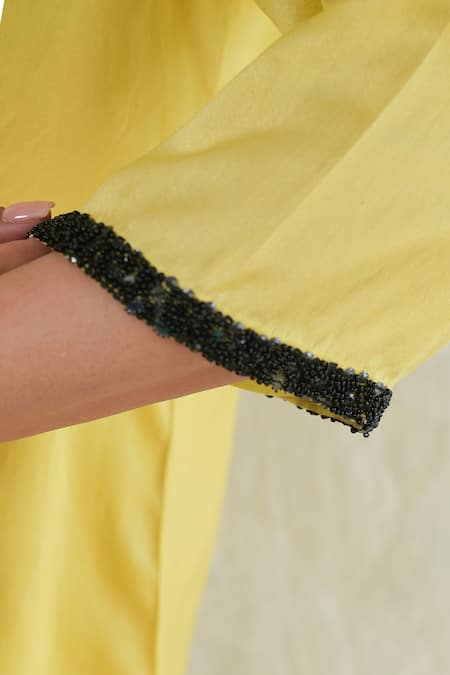 Saksham & Neharicka Yellow Cotton, Silk Beads V-neck Hand Embroidered Kurta Set Online at Aza Fashions Saksham & Neharicka_Yellow Cotton, Silk Beads V-neck Hand Embroidered Kurta Set _Online_at_Aza_Fashions