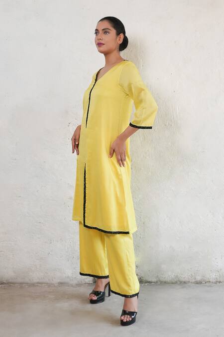 Buy Saksham & Neharicka Yellow Cotton, Silk Beads V-neck Hand Embroidered Kurta Set Buy_Saksham & Neharicka_Yellow Cotton, Silk Beads V-neck Hand Embroidered Kurta Set