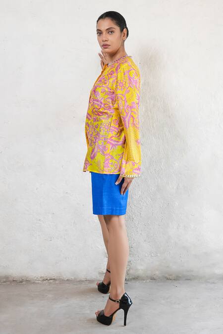 Saksham & Neharicka Yellow Cotton, Silk Sequins Round Neck Hand Embroidered Shirt Online at Aza Fashions Saksham & Neharicka_Yellow Cotton, Silk Sequins Round Neck Hand Embroidered Shirt _Online_at_Aza_Fashions