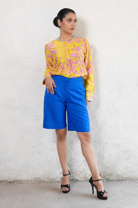 Shop Saksham & Neharicka Yellow Cotton, Silk Sequins Round Neck Hand Embroidered Shirt at Aza Fashions Shop_Saksham & Neharicka_Yellow Cotton, Silk Sequins Round Neck Hand Embroidered Shirt _at_Aza_Fashions