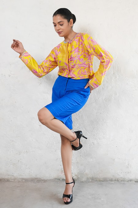 Buy Saksham & Neharicka Yellow Cotton, Silk Sequins Round Neck Hand Embroidered Shirt Online at Aza Fashions Buy_Saksham & Neharicka_Yellow Cotton, Silk Sequins Round Neck Hand Embroidered Shirt _Online_at_Aza_Fashions