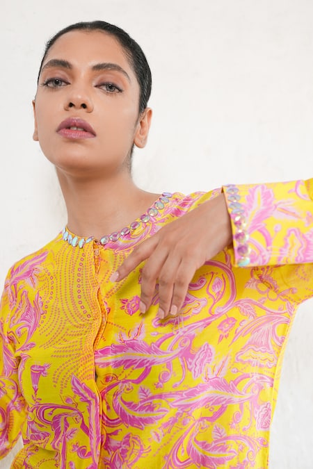 Shop Saksham & Neharicka Yellow Cotton, Silk Sequins Round Neck Hand Embroidered Shirt Online at Aza Fashions Shop_Saksham & Neharicka_Yellow Cotton, Silk Sequins Round Neck Hand Embroidered Shirt _Online_at_Aza_Fashions