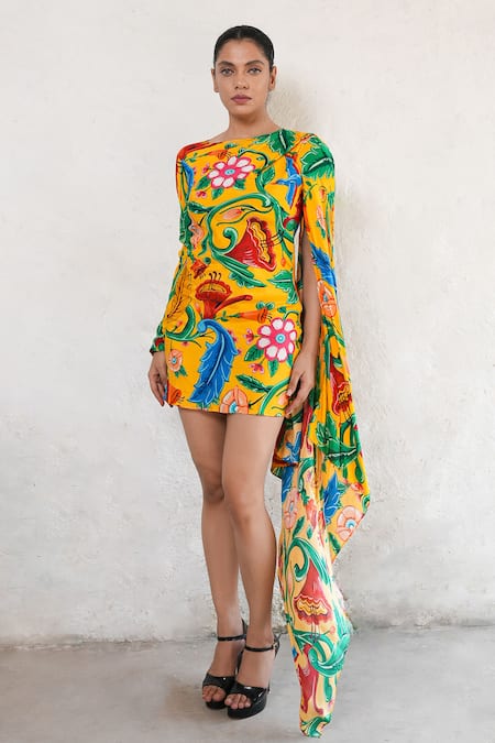 Saksham & Neharicka_Yellow Round Neck Designer Mini Dress _Online_at_Aza_Fashions