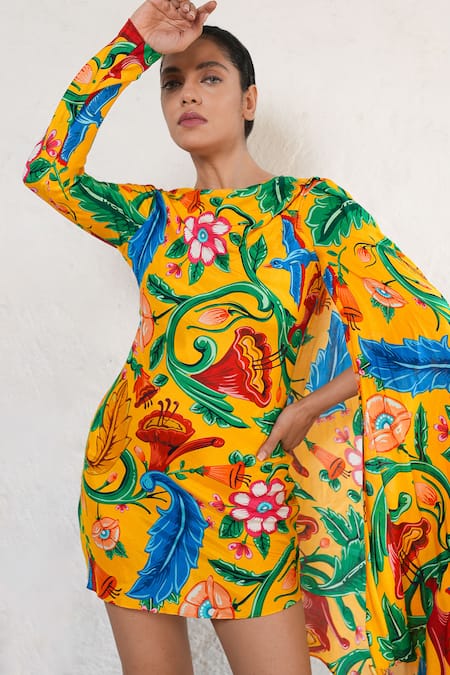 Shop_Saksham & Neharicka_Yellow Round Neck Designer Mini Dress _Online_at_Aza_Fashions