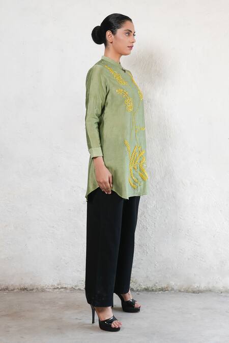 Saksham & Neharicka_Olive Green Cotton, Silk Embroidery Mandarin Collar Hand Shirt _Online_at_Aza_Fashions