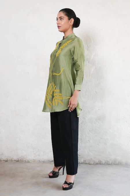 Buy_Saksham & Neharicka_Olive Green Cotton, Silk Embroidery Mandarin Collar Hand Shirt _Online_at_Aza_Fashions