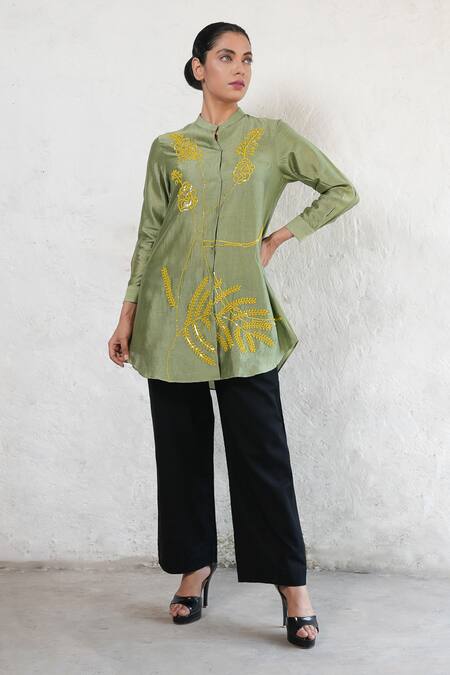 Shop_Saksham & Neharicka_Olive Green Cotton, Silk Embroidery Mandarin Collar Hand Shirt _Online_at_Aza_Fashions