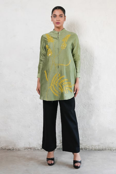 Saksham & Neharicka_Olive Green Cotton, Silk Embroidery Mandarin Collar Hand Shirt _at_Aza_Fashions
