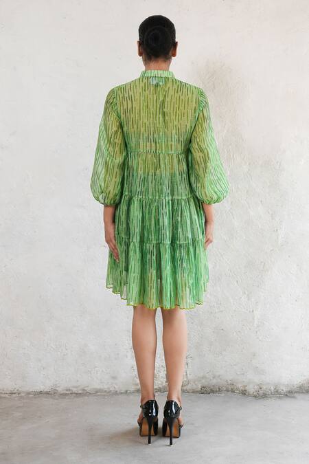 Shop Saksham & Neharicka Green Cotton, Silk Embroidery Collared Hand Dress at Aza Fashions Shop_Saksham & Neharicka_Green Cotton, Silk Embroidery Collared Hand Dress _at_Aza_Fashions