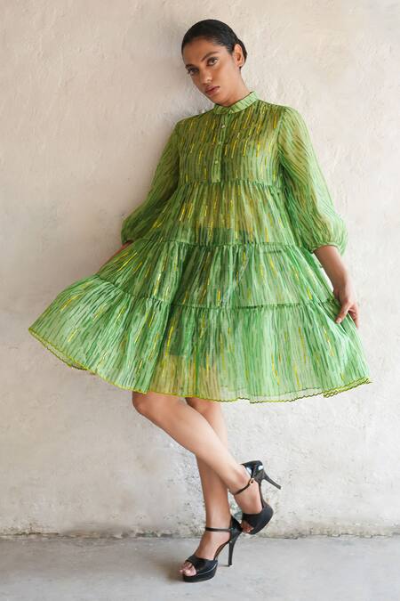 Saksham & Neharicka Green Cotton, Silk Embroidery Collared Hand Dress Online at Aza Fashions Saksham & Neharicka_Green Cotton, Silk Embroidery Collared Hand Dress _Online_at_Aza_Fashions