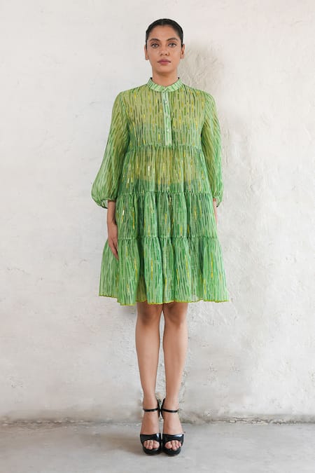 Buy Saksham & Neharicka Green Cotton, Silk Embroidery Collared Hand Dress Online at Aza Fashions Buy_Saksham & Neharicka_Green Cotton, Silk Embroidery Collared Hand Dress _Online_at_Aza_Fashions