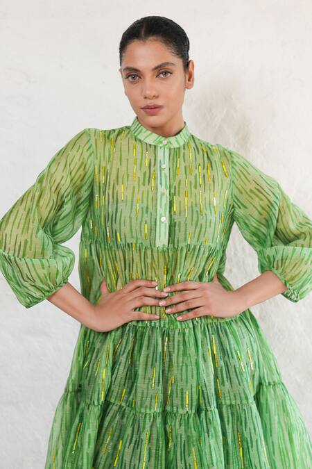 Shop Saksham & Neharicka Green Cotton, Silk Embroidery Collared Hand Dress Online at Aza Fashions Shop_Saksham & Neharicka_Green Cotton, Silk Embroidery Collared Hand Dress _Online_at_Aza_Fashions