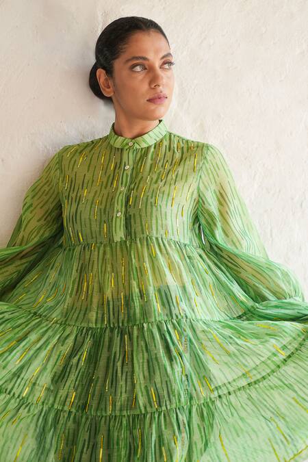 Saksham & Neharicka Green Cotton, Silk Embroidery Collared Hand Dress at Aza Fashions Saksham & Neharicka_Green Cotton, Silk Embroidery Collared Hand Dress _at_Aza_Fashions