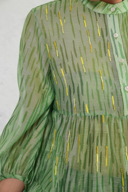 Buy Saksham & Neharicka Green Cotton, Silk Embroidery Collared Hand Dress Buy_Saksham & Neharicka_Green Cotton, Silk Embroidery Collared Hand Dress