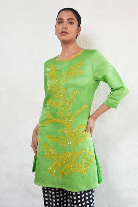 Buy Saksham & Neharicka Green Linen, Satin, Cotton, Silk Embroidery Round Neck Hand Kurta Set Online at Aza Fashions Buy_Saksham & Neharicka_Green Linen, Satin, Cotton, Silk Embroidery Round Neck Hand Kurta Set _Online_at_Aza_Fashions