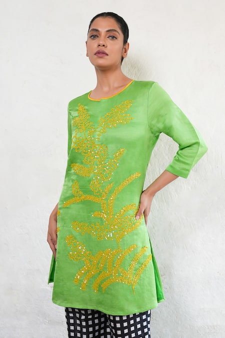 Buy_Saksham & Neharicka_Green Linen, Satin Embroidery Round Neck Hand Kurta _Online_at_Aza_Fashions