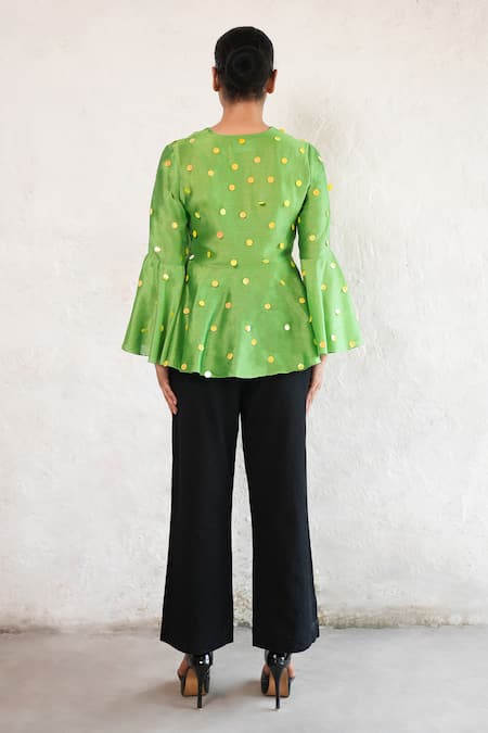 Shop Saksham & Neharicka Green Cotton, Silk Sequins V-neck Hand Embroidered Top at Aza Fashions Shop_Saksham & Neharicka_Green Cotton, Silk Sequins V-neck Hand Embroidered Top _at_Aza_Fashions