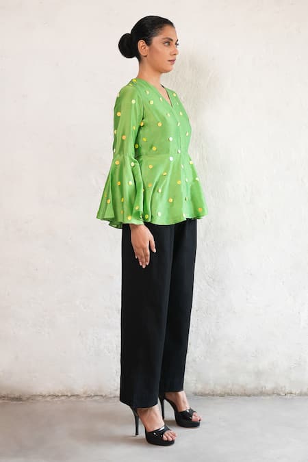Saksham & Neharicka Green Cotton, Silk Sequins V-neck Hand Embroidered Top Online at Aza Fashions Saksham & Neharicka_Green Cotton, Silk Sequins V-neck Hand Embroidered Top _Online_at_Aza_Fashions