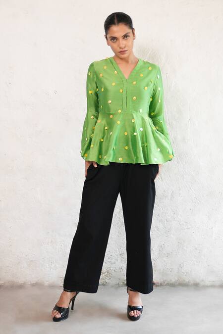 Buy Saksham & Neharicka Green Cotton, Silk Sequins V-neck Hand Embroidered Top Online at Aza Fashions Buy_Saksham & Neharicka_Green Cotton, Silk Sequins V-neck Hand Embroidered Top _Online_at_Aza_Fashions