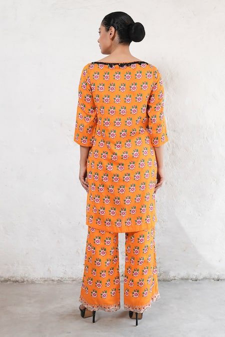 Shop Saksham & Neharicka Orange Cotton, Silk Sequins, Embroidery Round Neck Hand Kurta And Pant Set at Aza Fashions Shop_Saksham & Neharicka_Orange Cotton, Silk Sequins, Embroidery Round Neck Hand Kurta And Pant Set _at_Aza_Fashions
