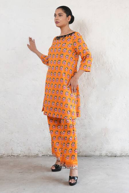 Shop Saksham & Neharicka Orange Cotton, Silk Sequins, Embroidery Round Neck Hand Kurta And Pant Set Online at Aza Fashions Shop_Saksham & Neharicka_Orange Cotton, Silk Sequins, Embroidery Round Neck Hand Kurta And Pant Set _Online_at_Aza_Fashions