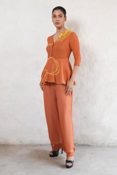 Saksham & Neharicka Rust Georgette Embroidery V-neck Hand Orange Co-ord Set Online at Aza Fashions Saksham & Neharicka_Rust Georgette Embroidery V-neck Hand Orange Co-ord Set_Online_at_Aza_Fashions