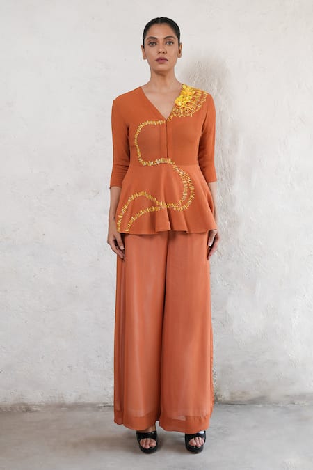 Saksham & Neharicka Hand Embroidered Rust Orange Co-ord Set 