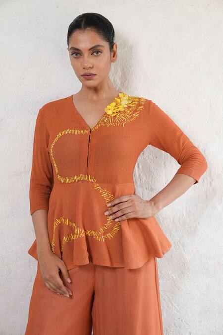 Shop Saksham & Neharicka Rust Georgette Embroidery V-neck Hand Orange Co-ord Set Online at Aza Fashions Shop_Saksham & Neharicka_Rust Georgette Embroidery V-neck Hand Orange Co-ord Set_Online_at_Aza_Fashions
