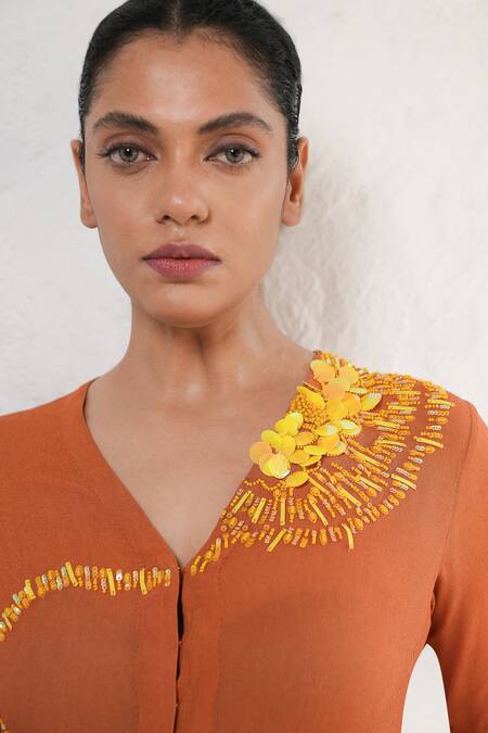 Saksham & Neharicka Rust Georgette Embroidery V-neck Hand Orange Co-ord Set at Aza Fashions Saksham & Neharicka_Rust Georgette Embroidery V-neck Hand Orange Co-ord Set_at_Aza_Fashions