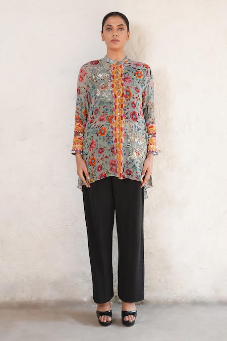 Saksham & Neharicka Gray Georgette Sequins Mandarin Collar Hand Embroidered Grey Shirt Online at Aza Fashions Saksham & Neharicka_Gray Georgette Sequins Mandarin Collar Hand Embroidered Grey Shirt _Online_at_Aza_Fashions