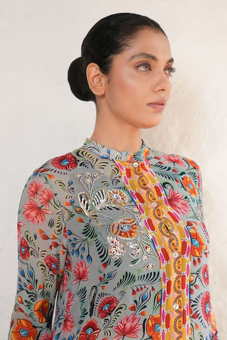 Shop Saksham & Neharicka Gray Georgette Sequins Mandarin Collar Hand Embroidered Grey Shirt Online at Aza Fashions Shop_Saksham & Neharicka_Gray Georgette Sequins Mandarin Collar Hand Embroidered Grey Shirt _Online_at_Aza_Fashions