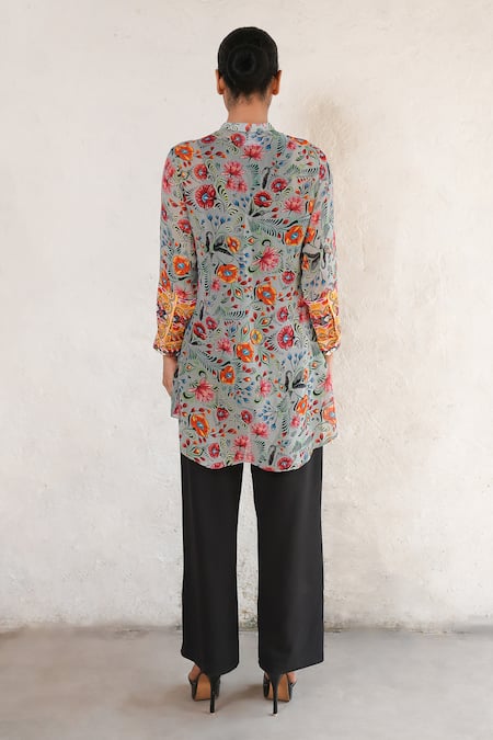 Shop Saksham & Neharicka Gray Georgette Sequins Mandarin Collar Hand Embroidered Grey Shirt at Aza Fashions Shop_Saksham & Neharicka_Gray Georgette Sequins Mandarin Collar Hand Embroidered Grey Shirt _at_Aza_Fashions