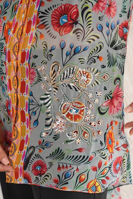 Saksham & Neharicka Gray Georgette Sequins Mandarin Collar Hand Embroidered Grey Shirt at Aza Fashions Saksham & Neharicka_Gray Georgette Sequins Mandarin Collar Hand Embroidered Grey Shirt _at_Aza_Fashions