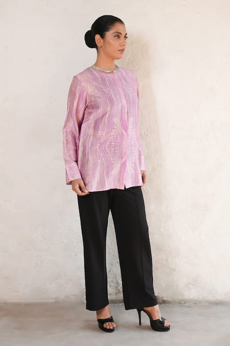 Saksham & Neharicka_Purple Cotton, Silk Embroidery Collared Hand Shirt _Online_at_Aza_Fashions