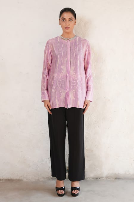 Buy_Saksham & Neharicka_Purple Cotton, Silk Embroidery Collared Hand Shirt _Online_at_Aza_Fashions