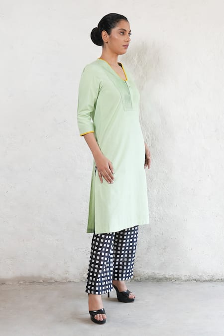 Shop Saksham & Neharicka Mint Poplin, Cotton, Silk Embroidery V-neck Hand Green Kurta Set Online at Aza Fashions Shop_Saksham & Neharicka_Mint Poplin, Cotton, Silk Embroidery V-neck Hand Green Kurta Set _Online_at_Aza_Fashions